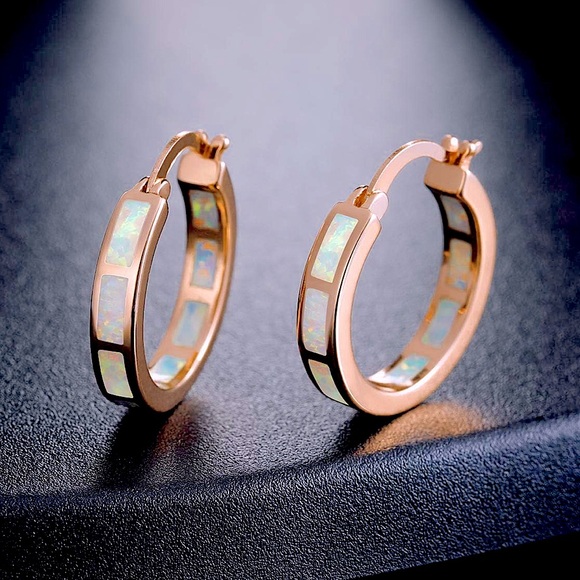 Hand Crafted Jewelry - 🆕New Opal Rose Gold Huggie Hoop Gemstone Earrings-Hypoallergenic 18K Gold Plated